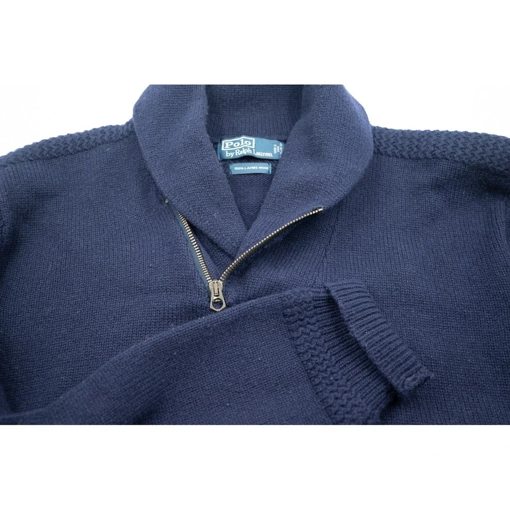 Polo Ralph Lauren Mens XL Navy Blue 100% Lambswool Shawl Collar 1/4 Zip Sweater